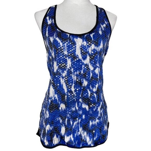 Vince Camuto Black Blue White Sleeveless Sequin Shimmer Racerback Tank Top Med - Picture 1 of 7